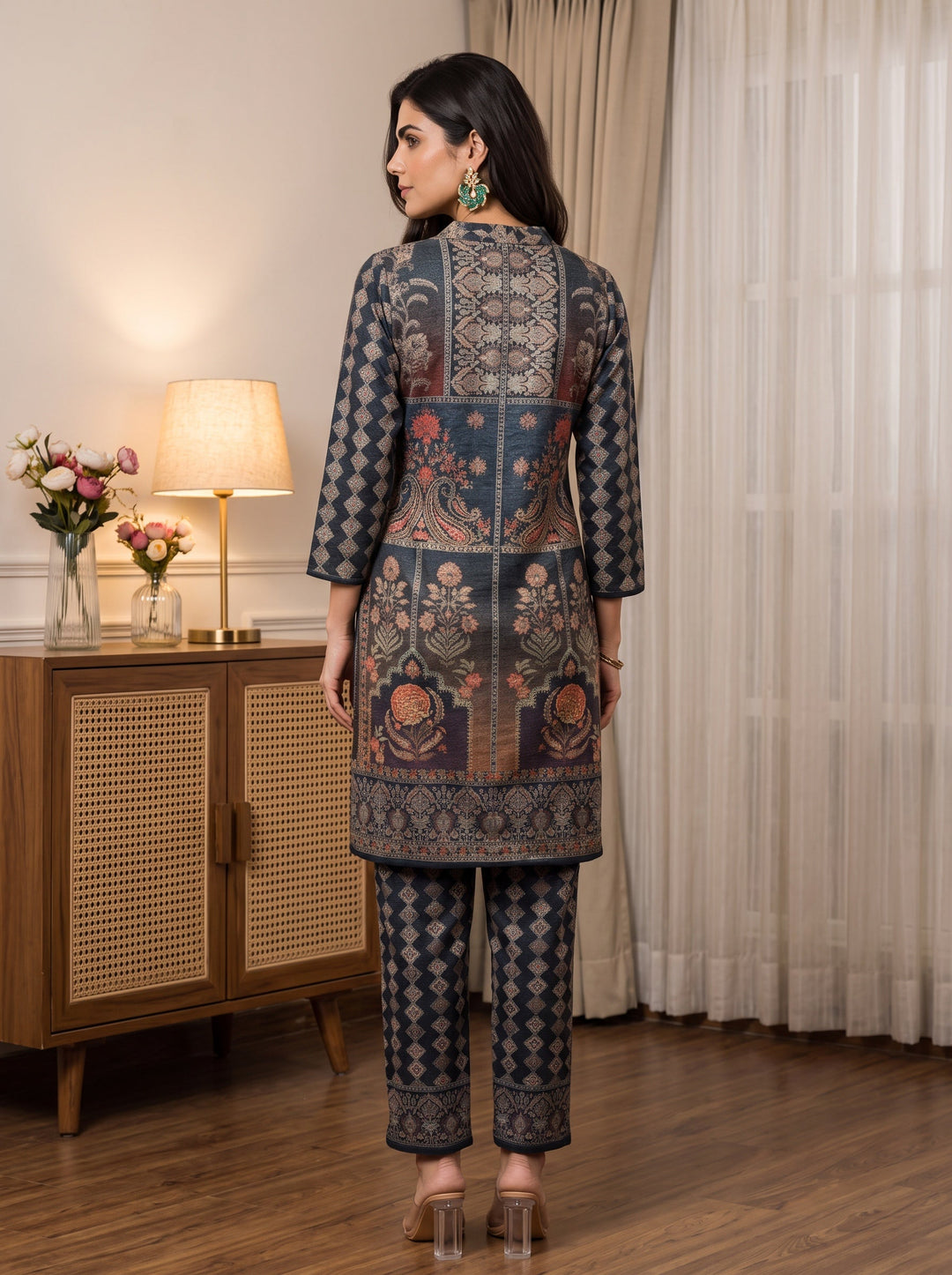  Libas Blue Floral Printed Woolen Co-Ord Set 