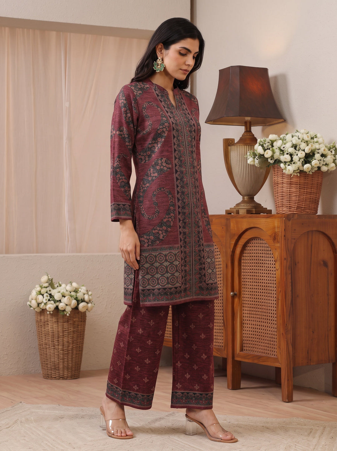 Libas Burgundy Floral Printed Woolen Co-Ord Set 