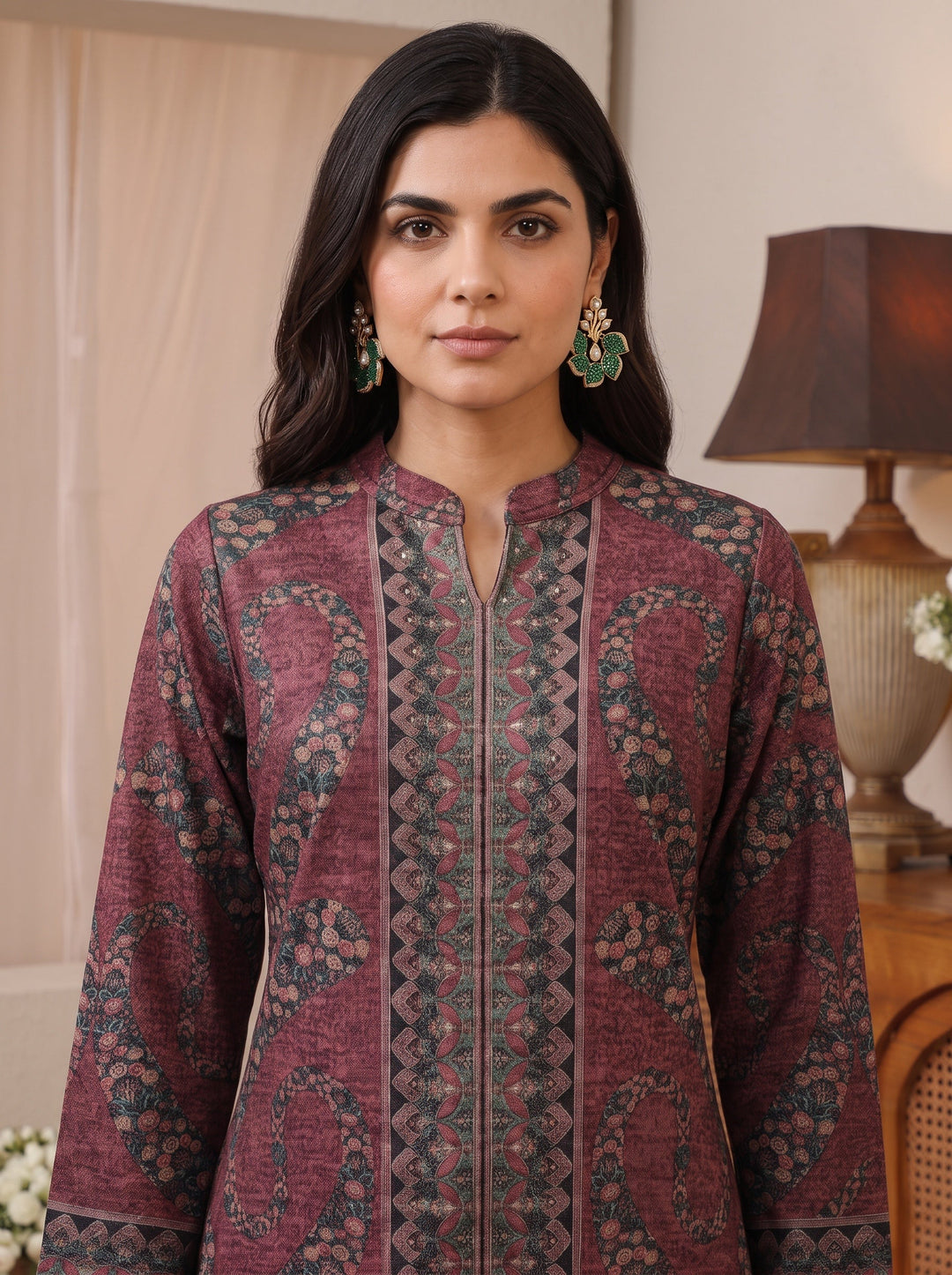  Libas Burgundy Floral Printed Woolen Co-Ord Set 