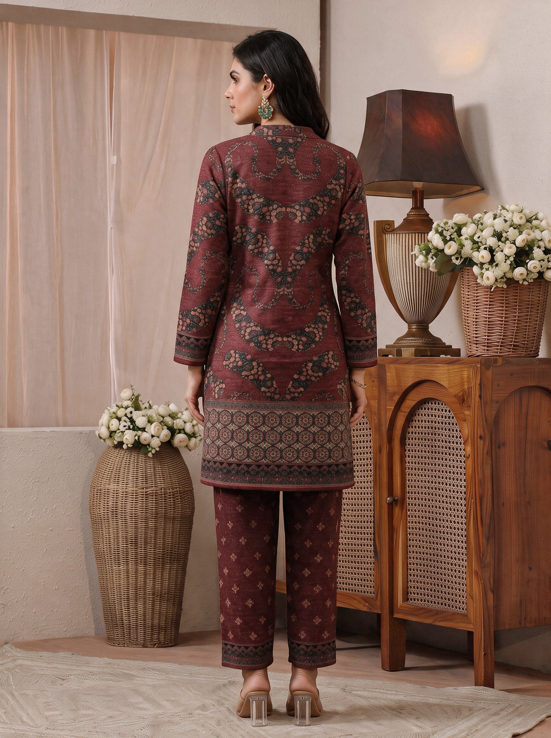  Libas Burgundy Floral Printed Woolen Co-Ord Set 