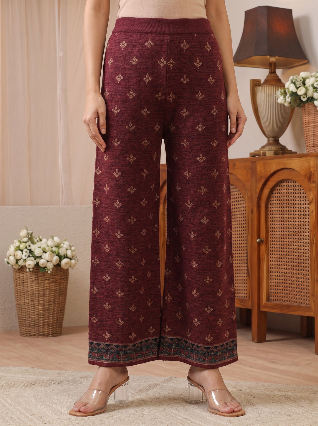  Libas Burgundy Floral Printed Woolen Co-Ord Set 