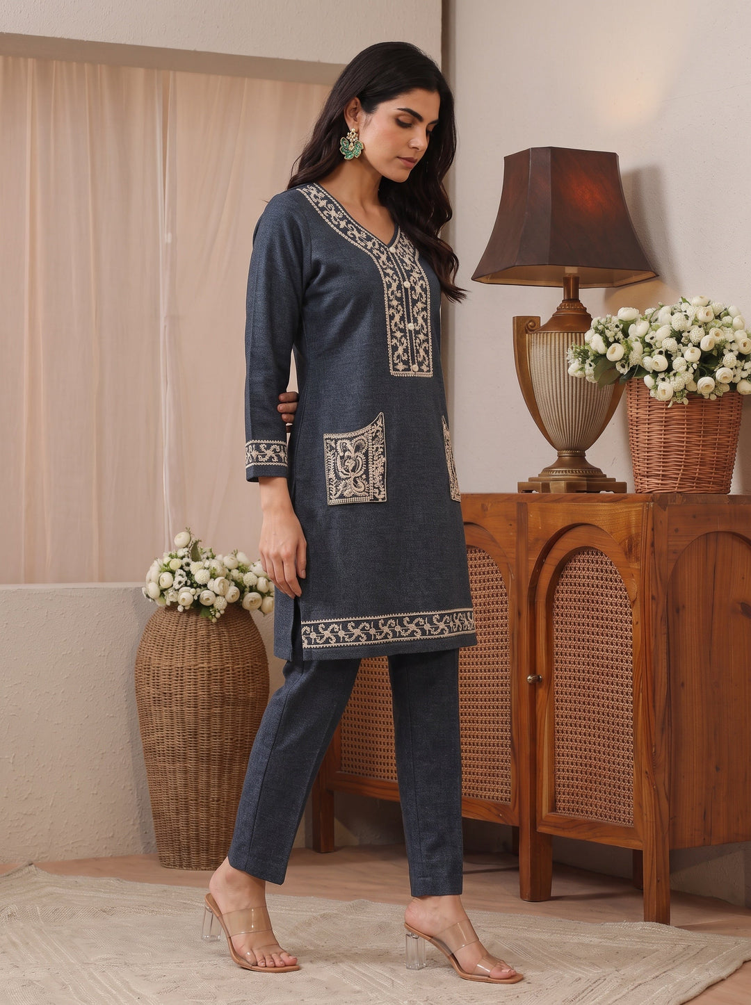  Libas Grey Floral Embroidered Woolen Co-Ord Set 