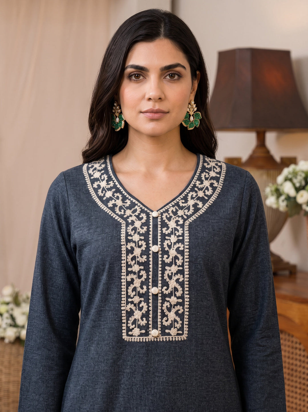  Libas Grey Floral Embroidered Woolen Co-Ord Set 