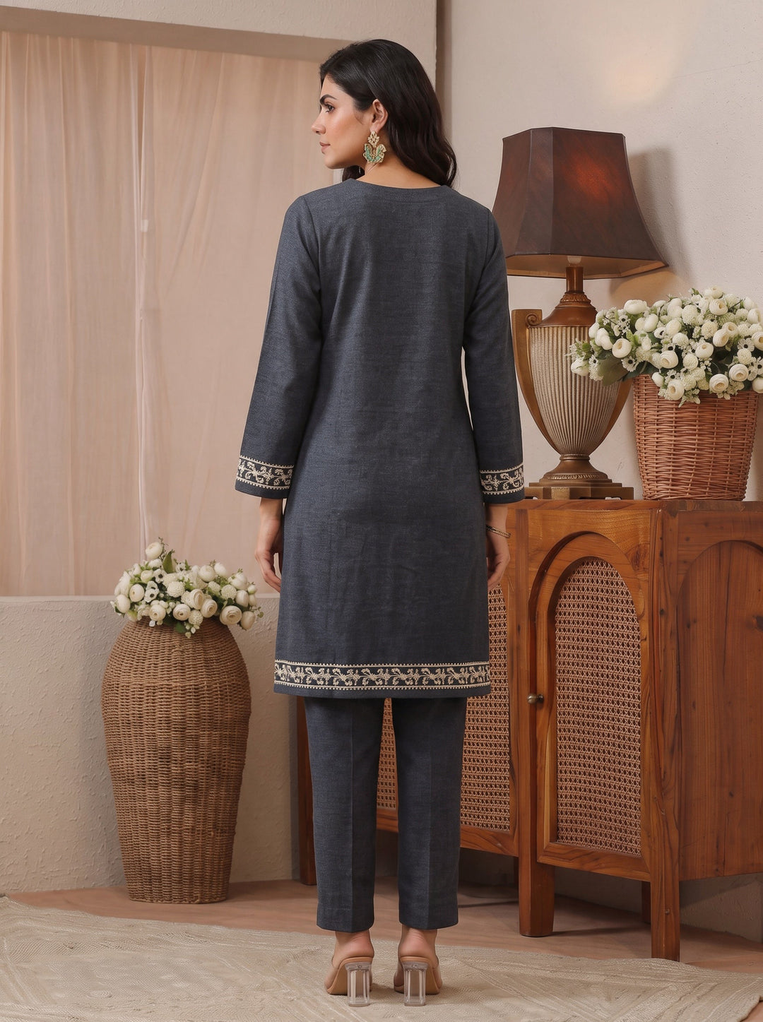 Libas Grey Floral Embroidered Woolen Co-Ord Set 