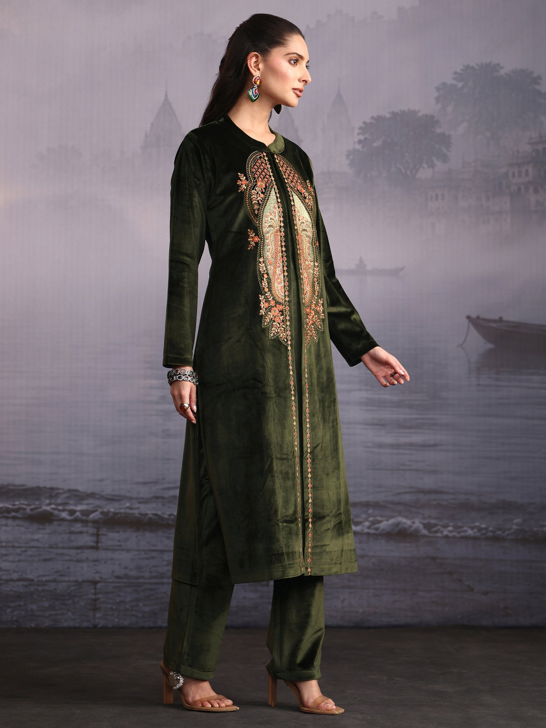  Libas Olive Green Ethnic Embroidered Velvet Straight Kurta Set 