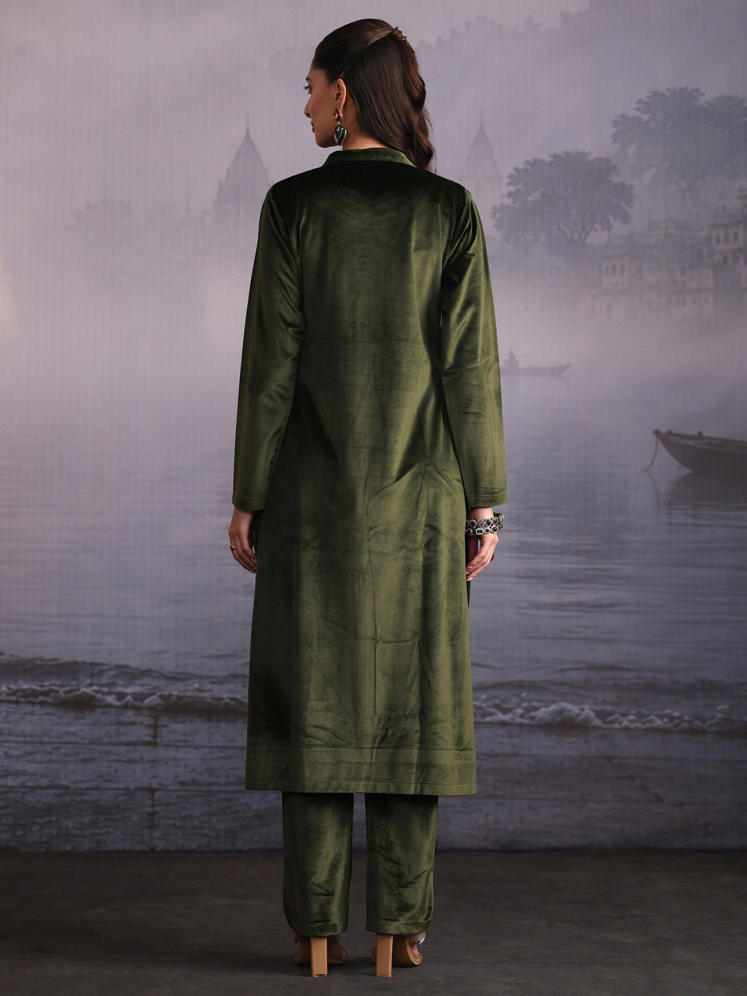  Libas Olive Green Ethnic Embroidered Velvet Straight Kurta Set 