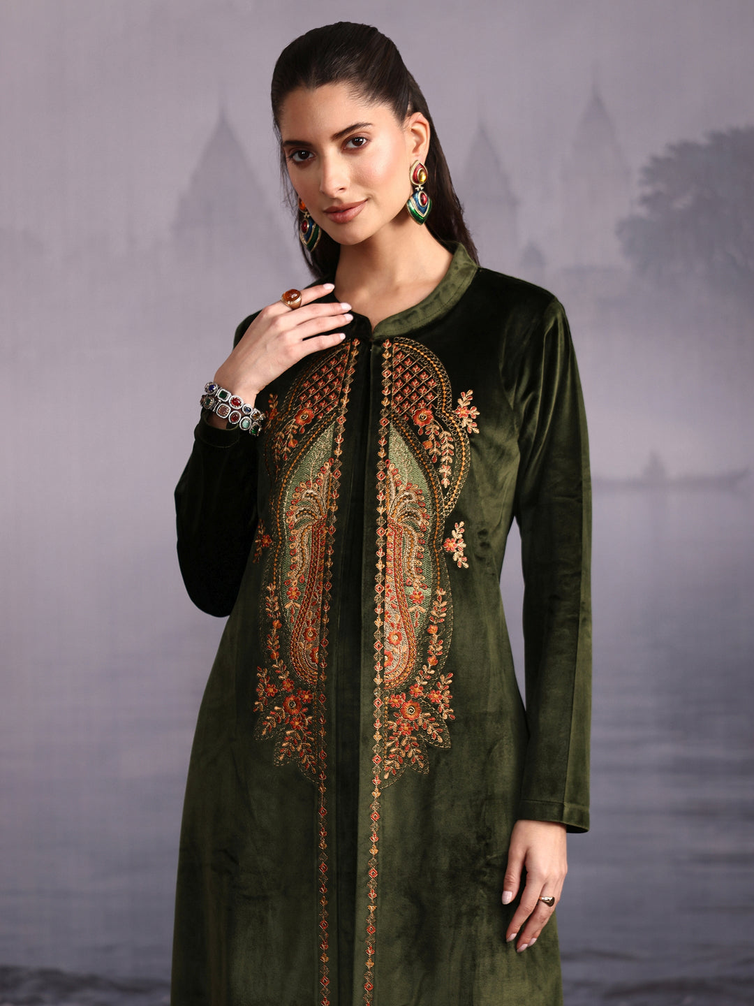  Libas Olive Green Ethnic Embroidered Velvet Straight Kurta Set 