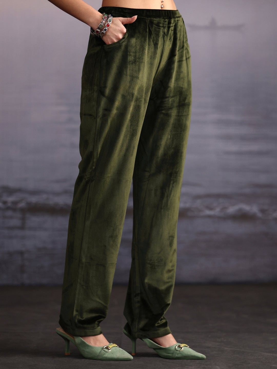  Libas Olive Green Ethnic Embroidered Velvet Straight Kurta Set 