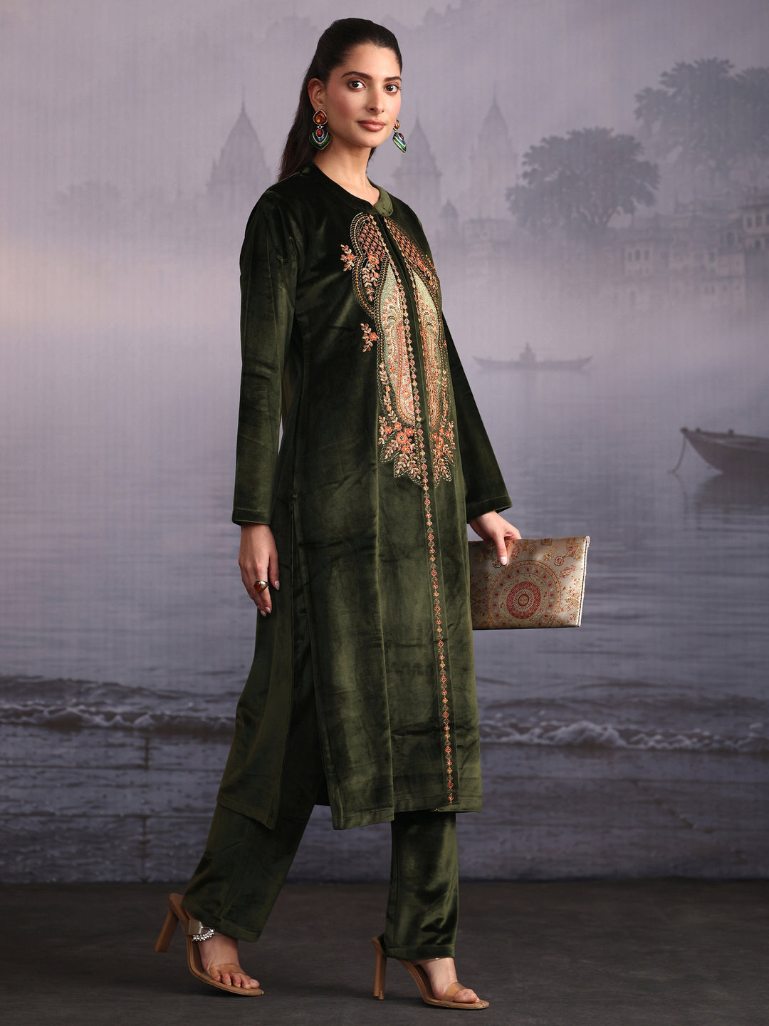  Libas Olive Green Ethnic Embroidered Velvet Straight Kurta Set 