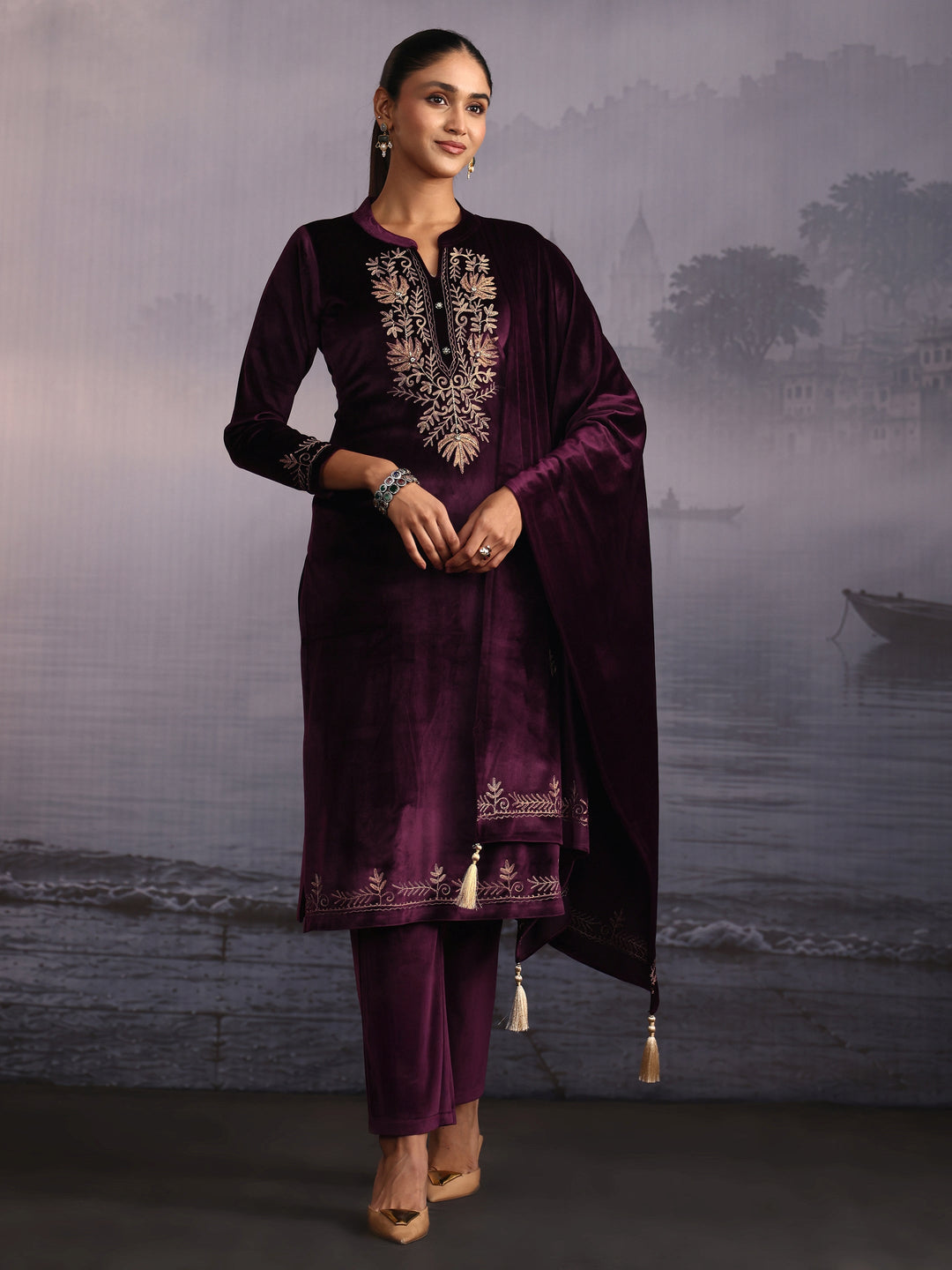  Libas Burgundy Kashmiri Style Embroidered Velvet Straight Suit Set 