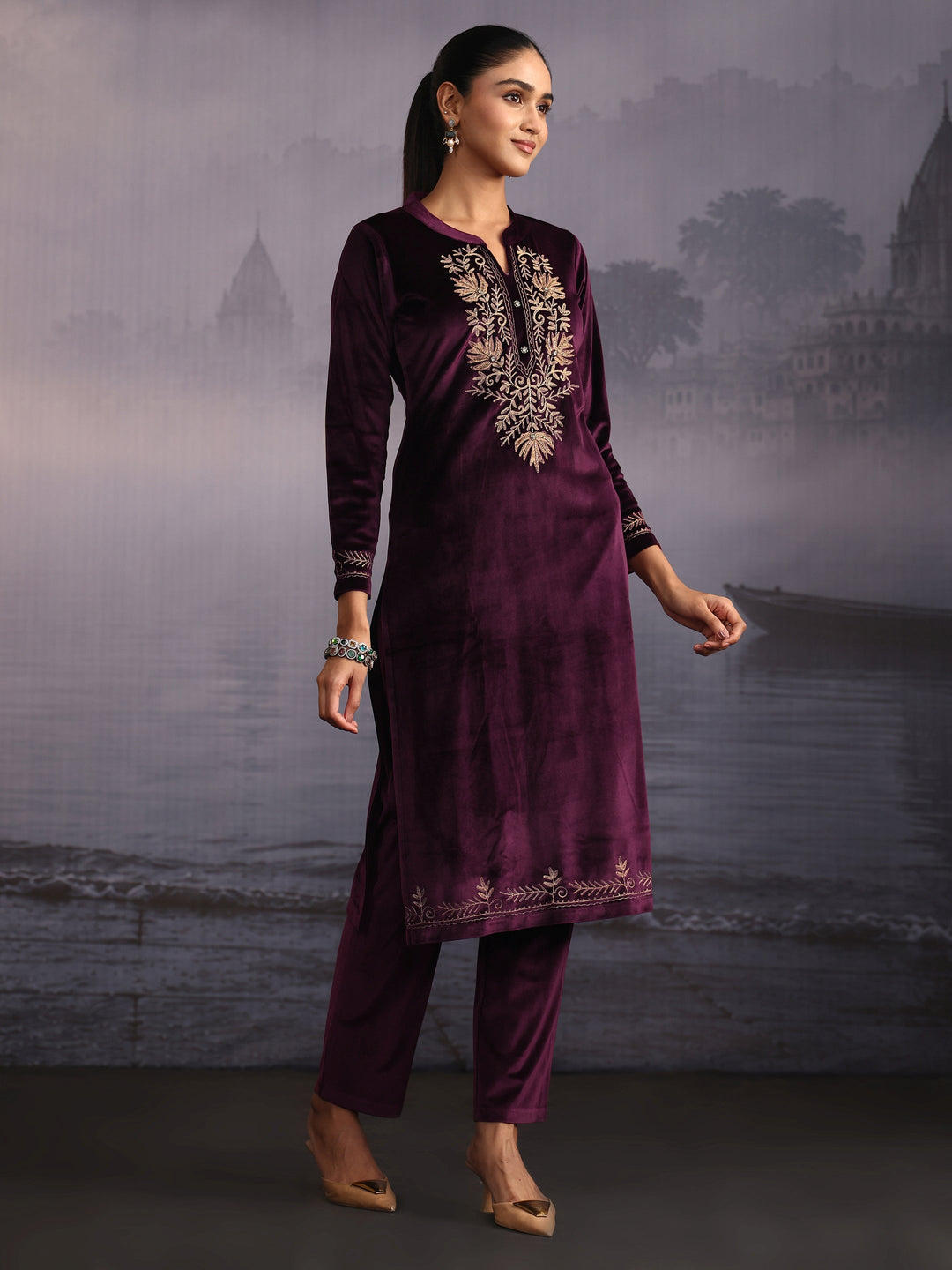  Libas Burgundy Kashmiri Style Embroidered Velvet Straight Suit Set 