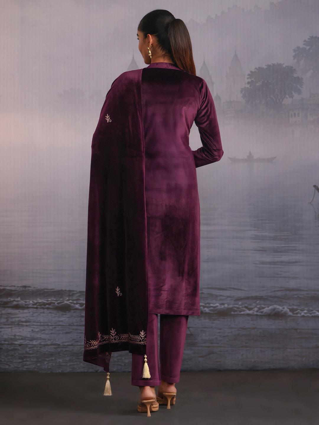  Libas Burgundy Kashmiri Style Embroidered Velvet Straight Suit Set 