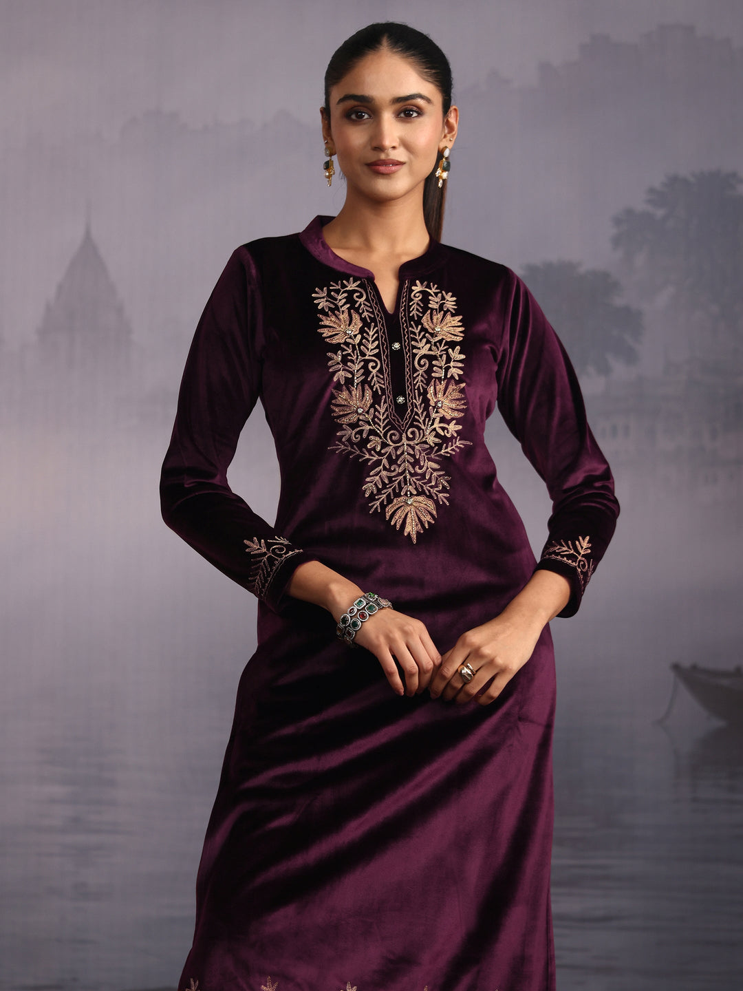  Libas Burgundy Kashmiri Style Embroidered Velvet Straight Suit Set 