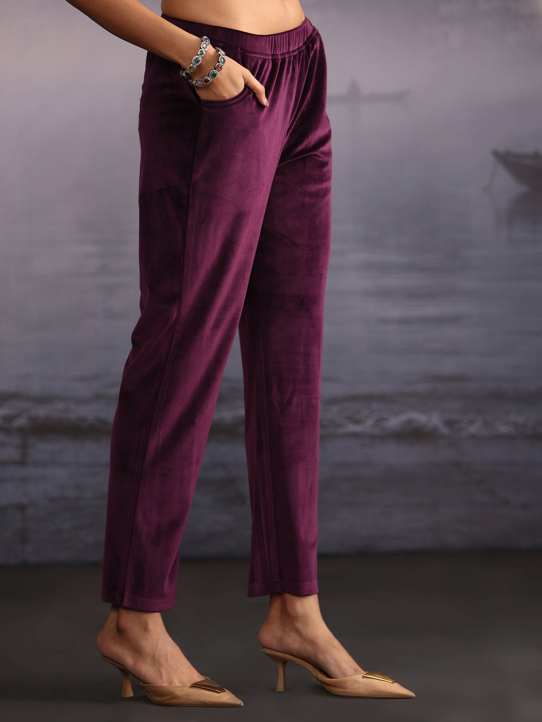  Libas Burgundy Kashmiri Style Embroidered Velvet Straight Suit Set 