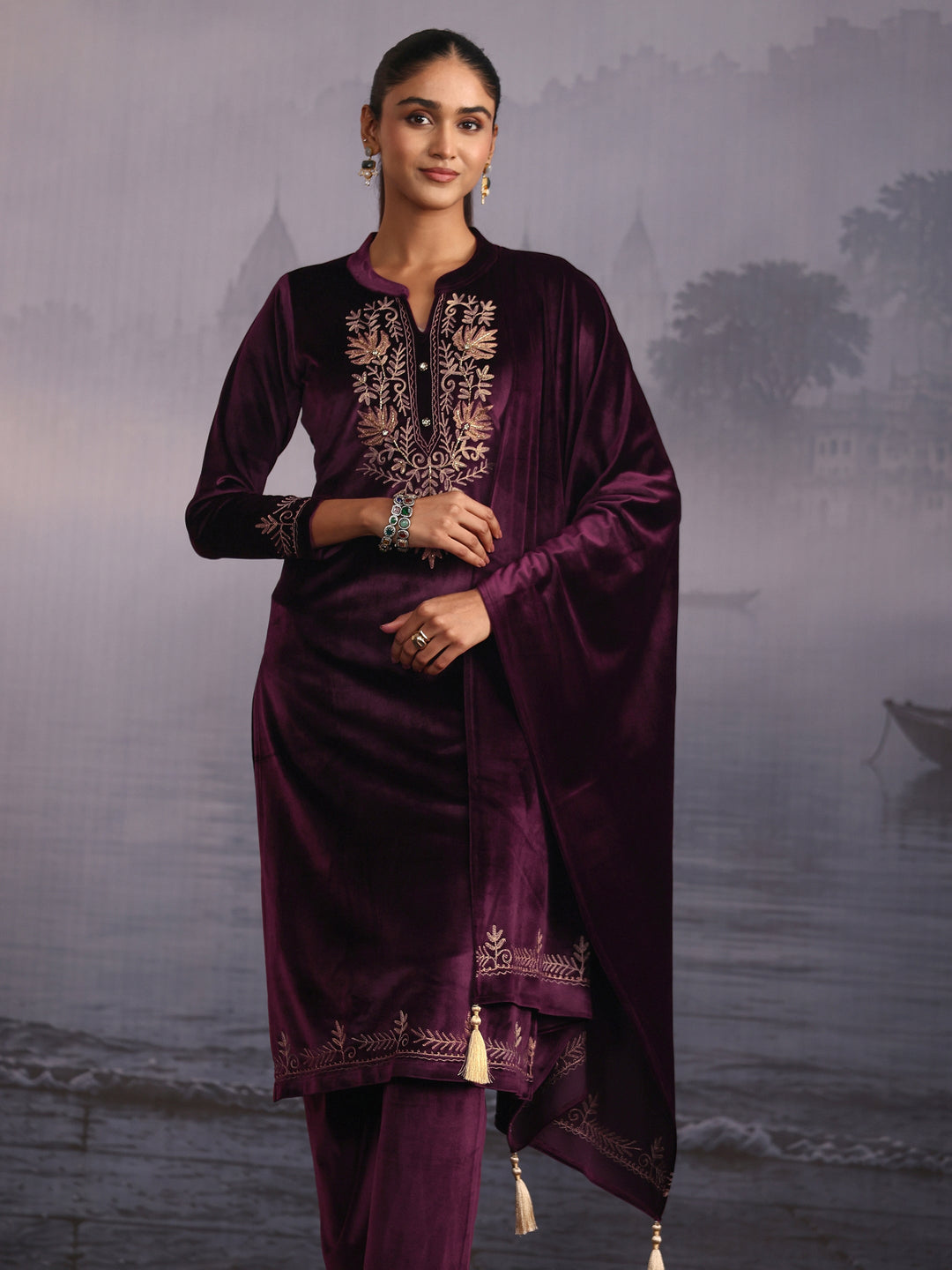  Libas Burgundy Kashmiri Style Embroidered Velvet Straight Suit Set 