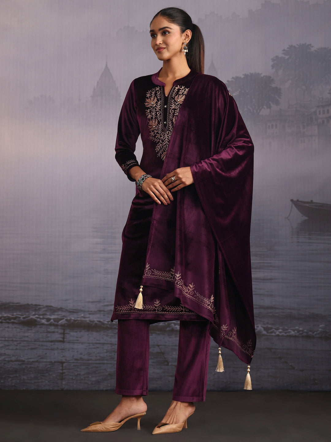  Libas Burgundy Kashmiri Style Embroidered Velvet Straight Suit Set 