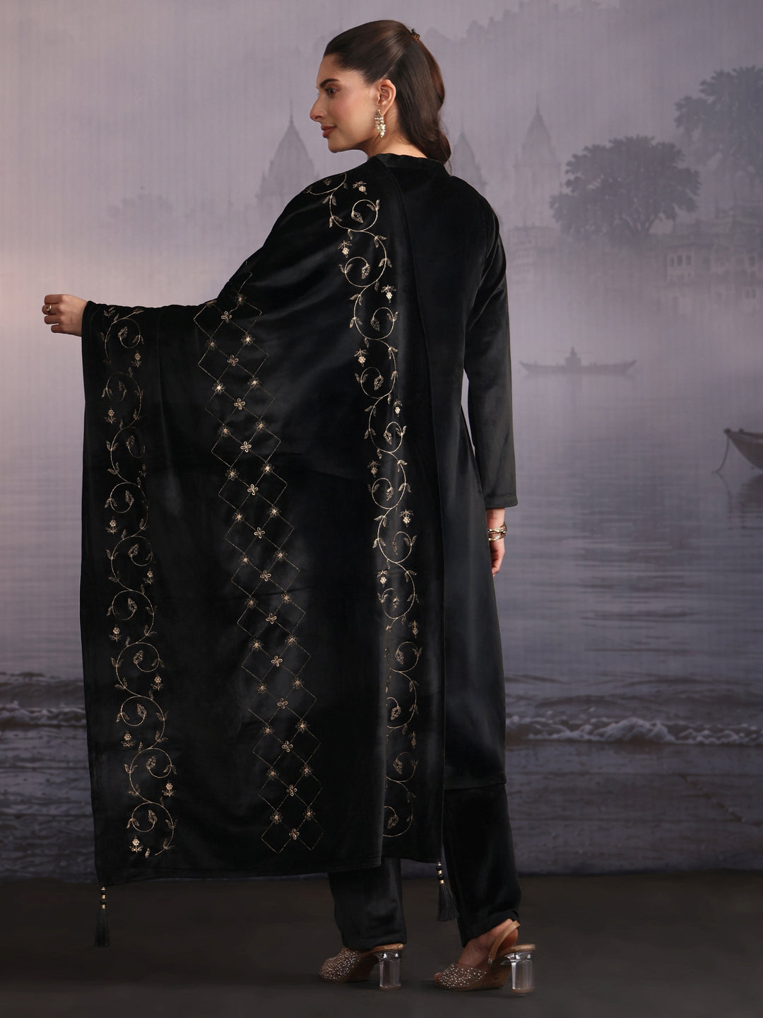  Libas Black Floral Embroidered Velvet Straight Suit Set 