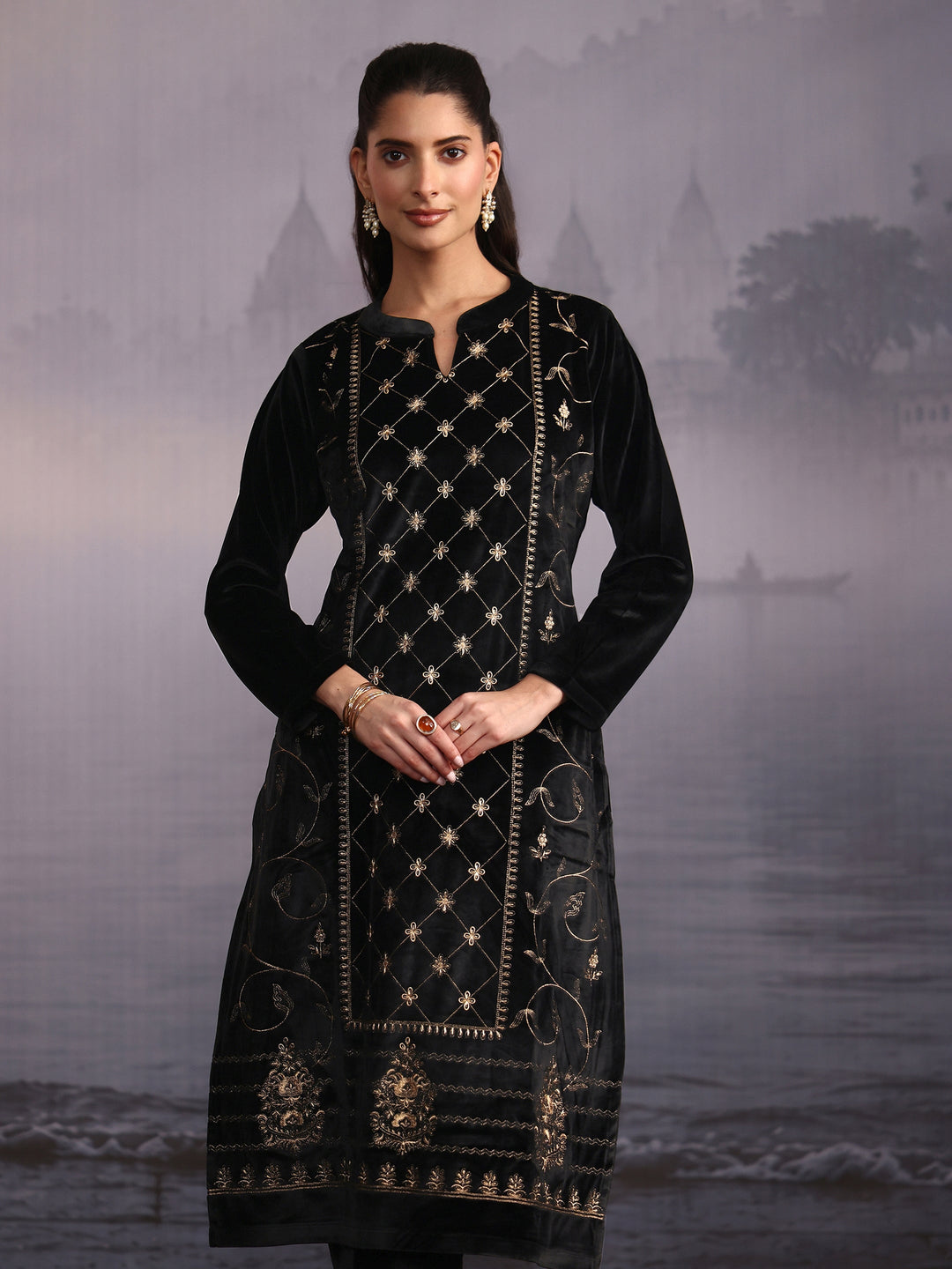  Libas Black Floral Embroidered Velvet Straight Suit Set 