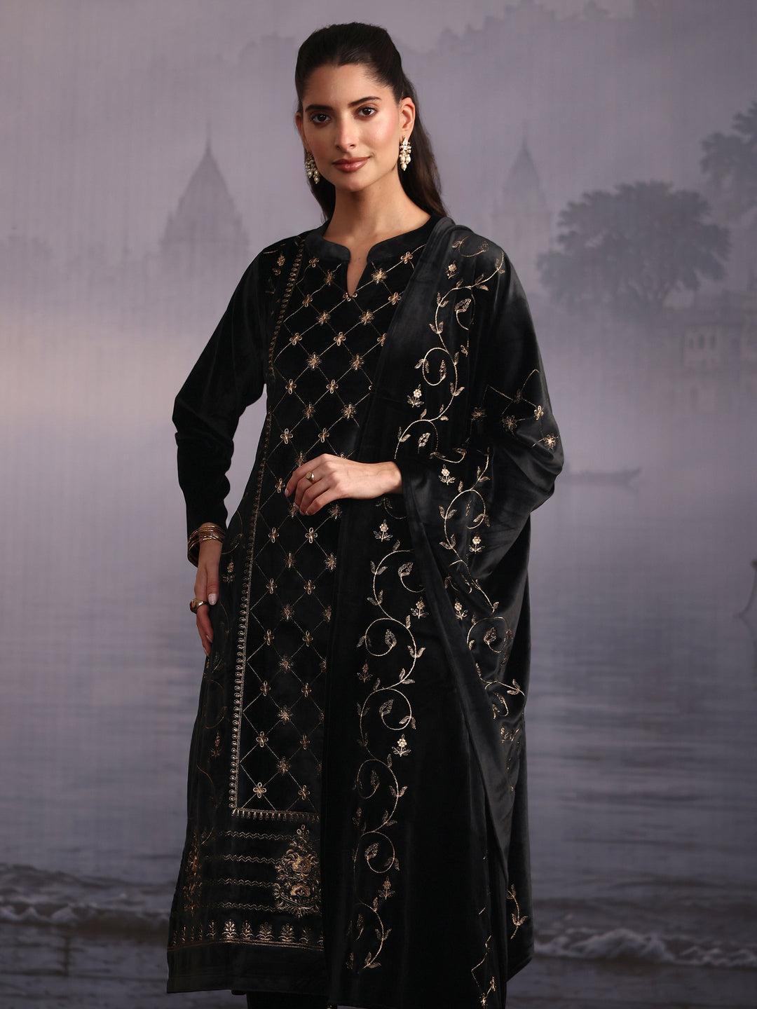  Libas Black Floral Embroidered Velvet Straight Suit Set 
