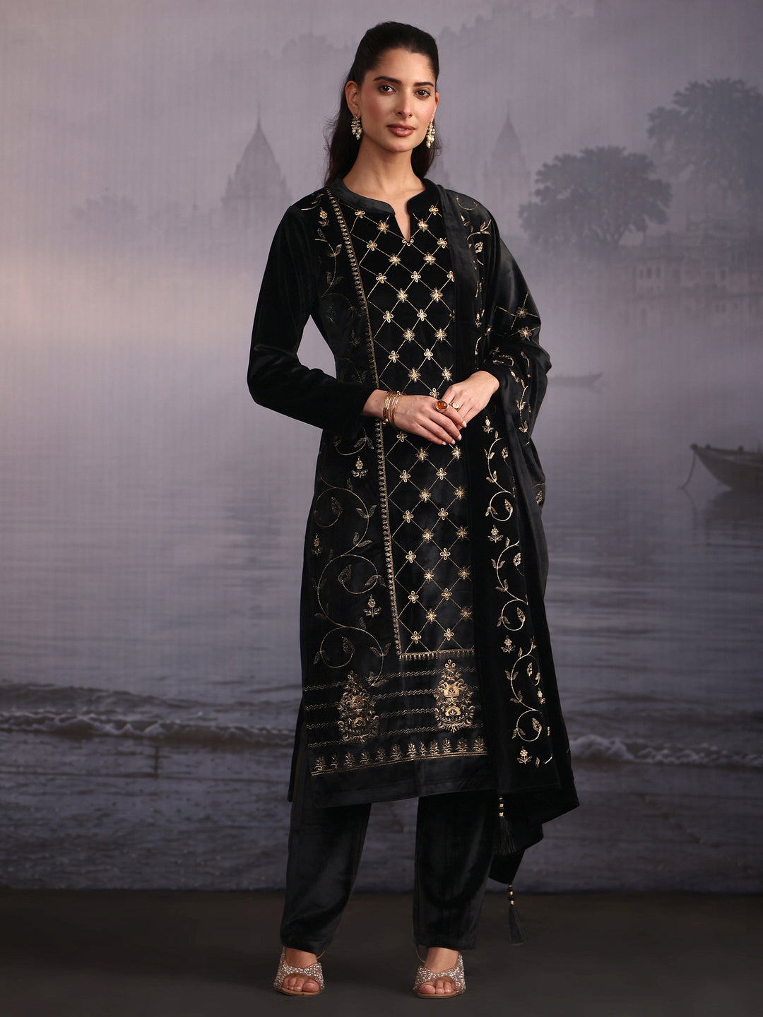  Libas Black Floral Embroidered Velvet Straight Suit Set 