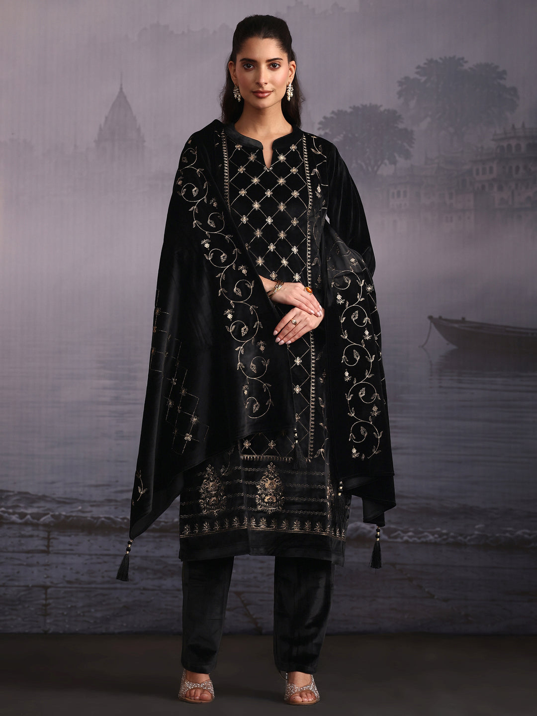  Libas Black Floral Embroidered Velvet Straight Suit Set 