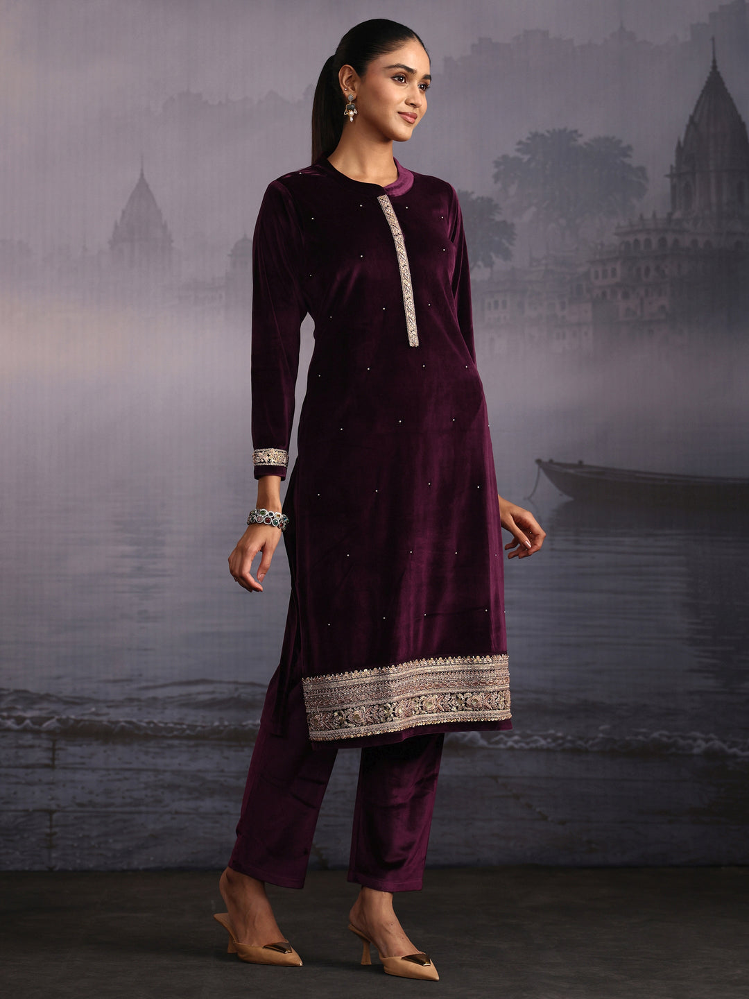  Libas Wine Embroidered Velvet Straight Suit Set 