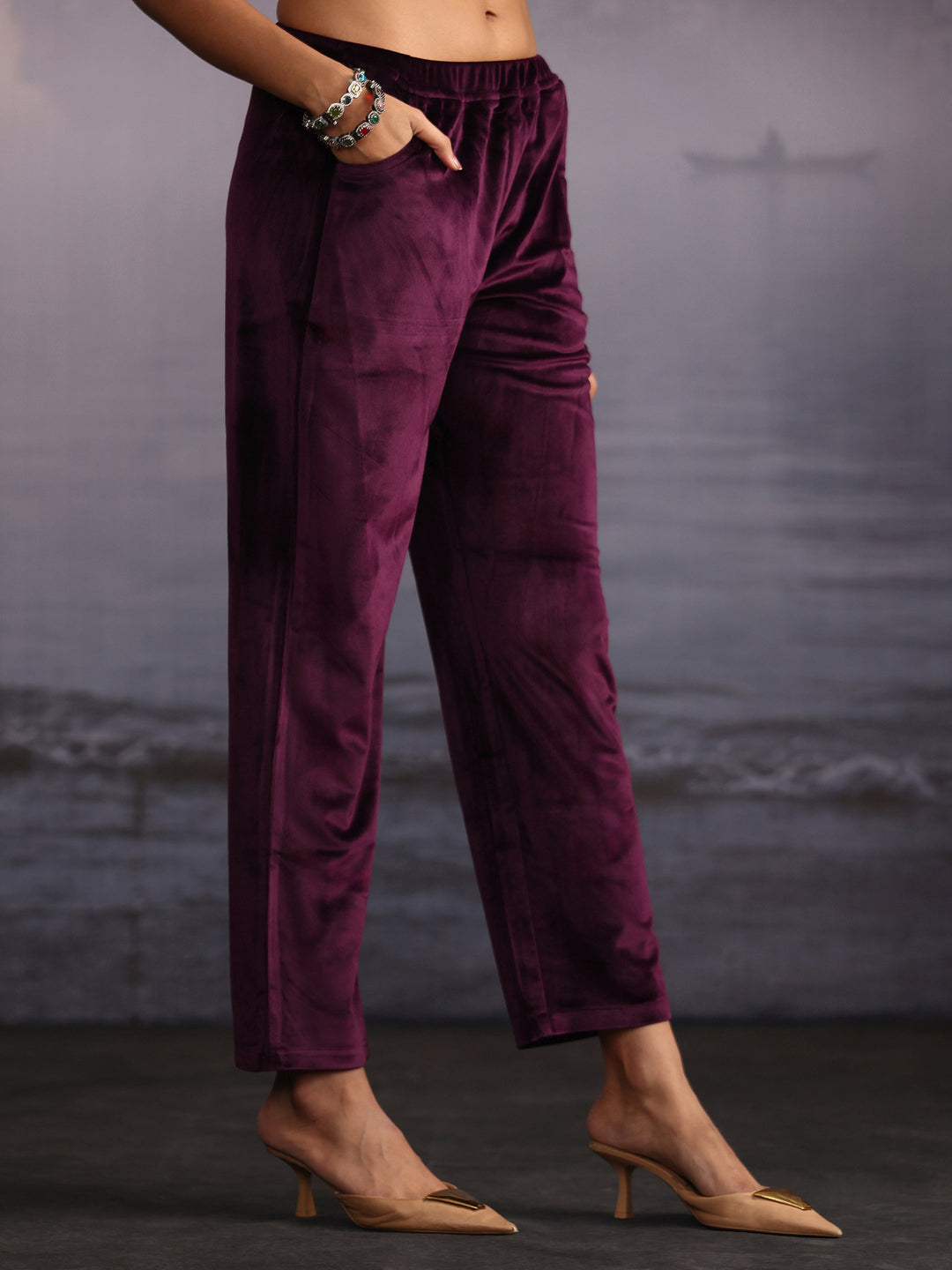  Libas Wine Embroidered Velvet Straight Suit Set 