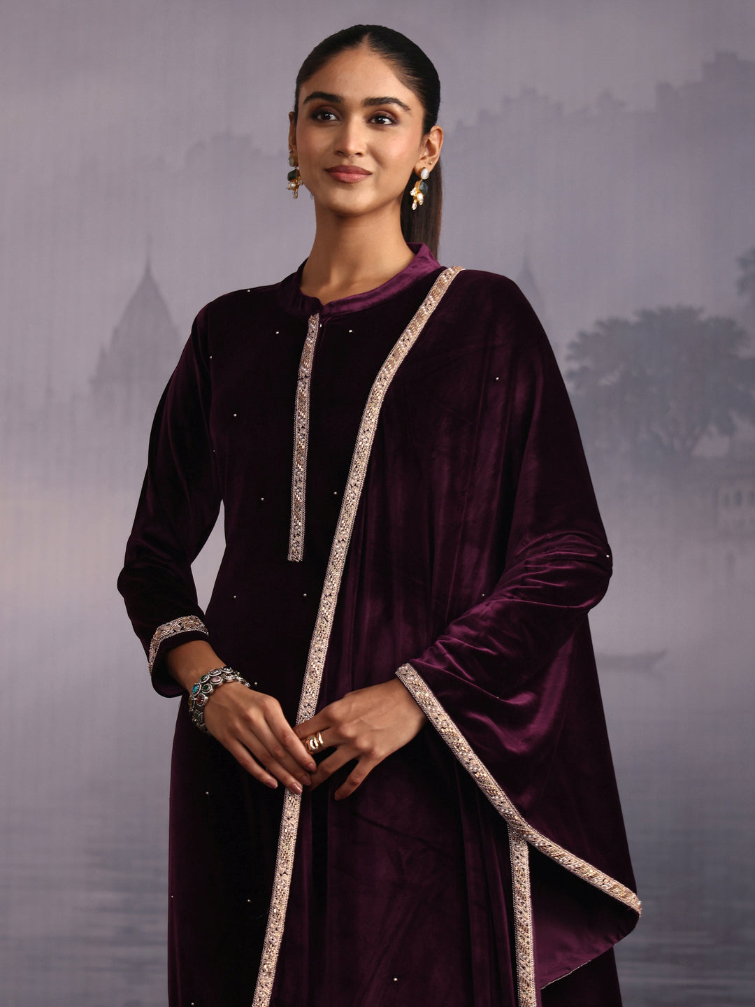  Libas Wine Embroidered Velvet Straight Suit Set 
