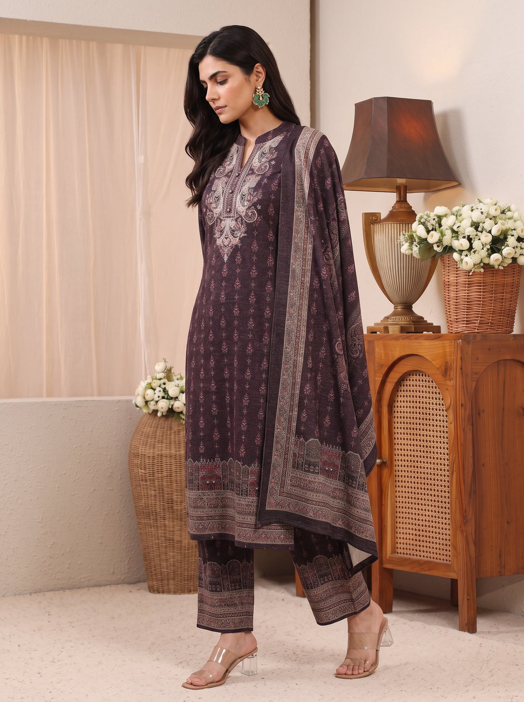  Libas Burgundy Ethnic Motif Printed Wool Straight Suit Set 