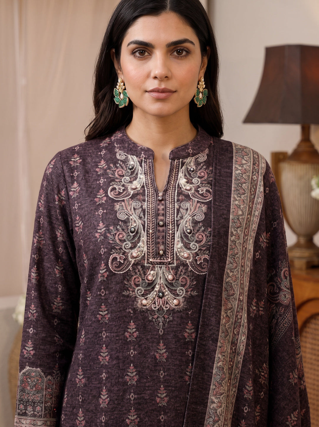 Libas Burgundy Ethnic Motif Printed Wool Straight Suit Set 