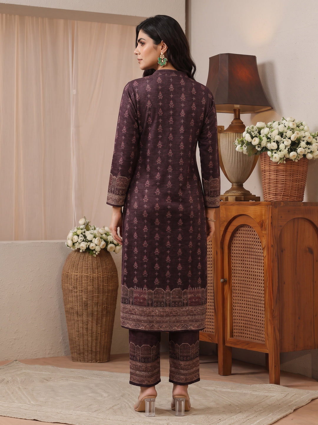  Libas Burgundy Ethnic Motif Printed Wool Straight Suit Set 
