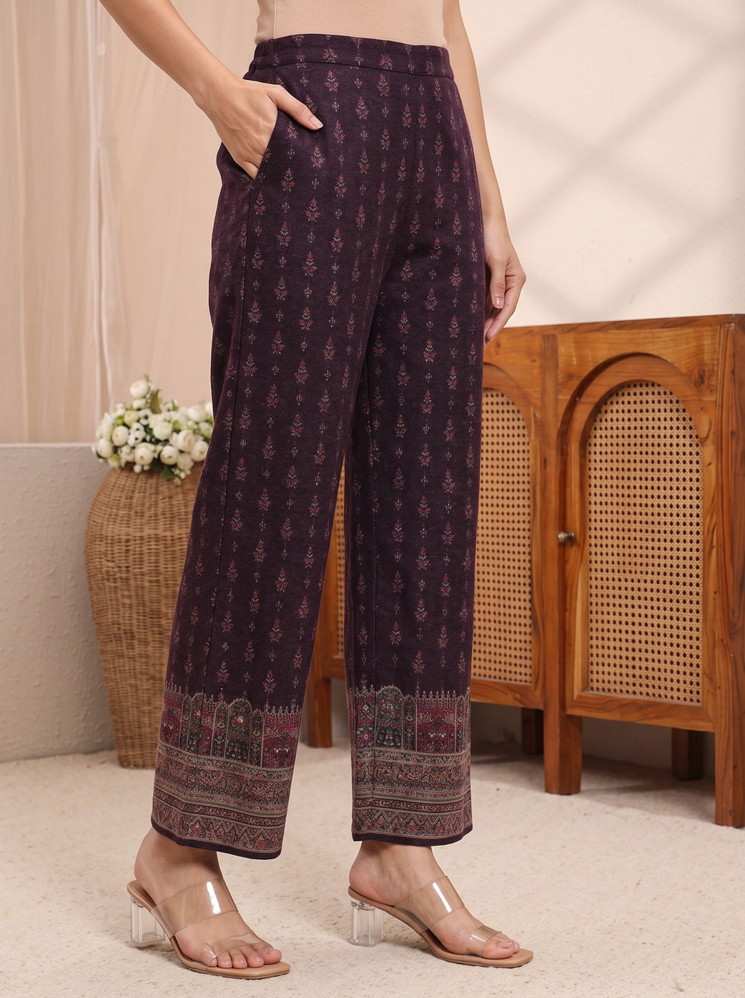  Libas Burgundy Ethnic Motif Printed Wool Straight Suit Set 