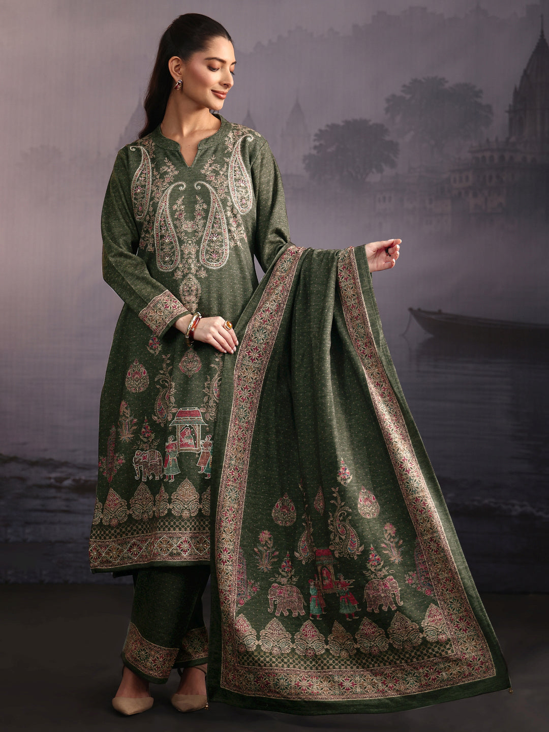  Libas Olive Green Ethnic Printed Woolen Straight Suit Set 