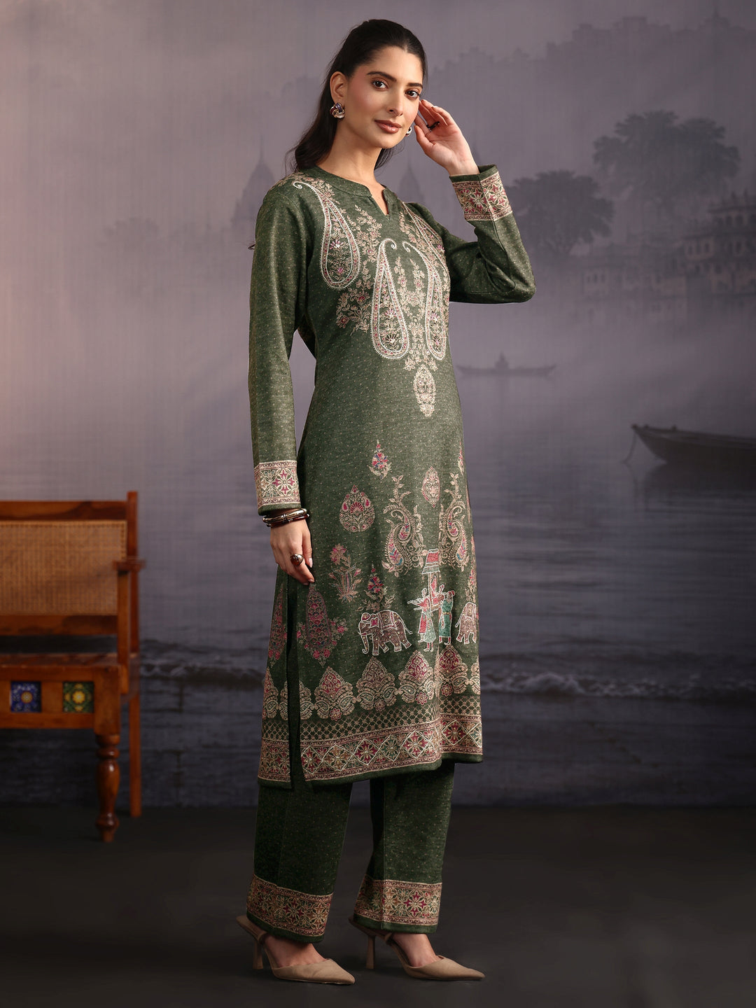 Libas Olive Green Ethnic Printed Woolen Straight Suit Set 