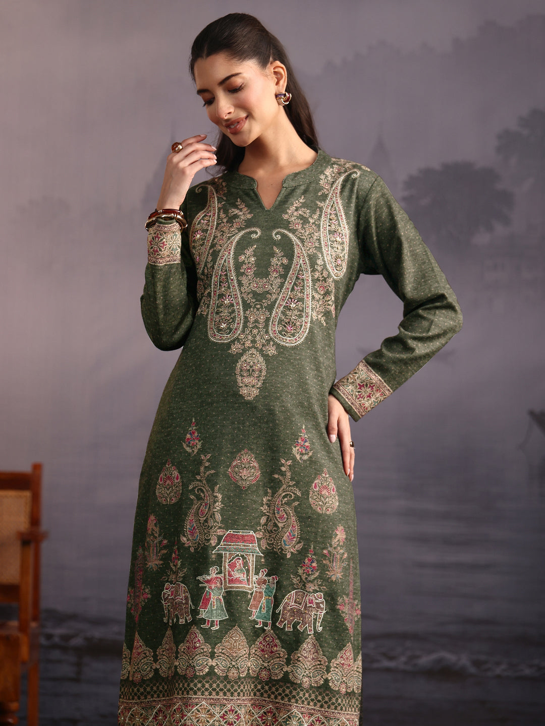  Libas Olive Green Ethnic Printed Woolen Straight Suit Set 