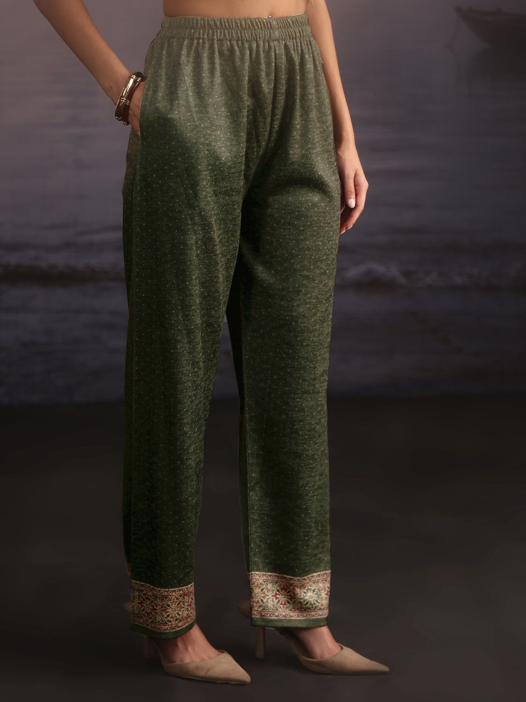  Libas Olive Green Ethnic Printed Woolen Straight Suit Set 
