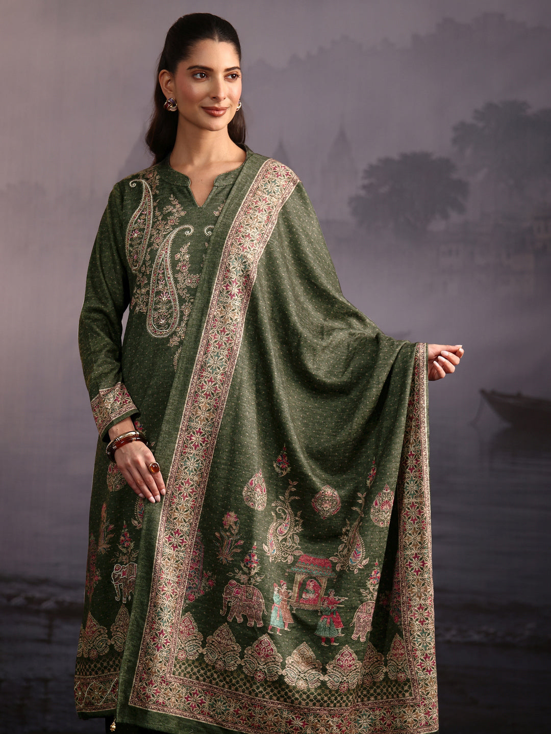  Libas Olive Green Ethnic Printed Woolen Straight Suit Set 