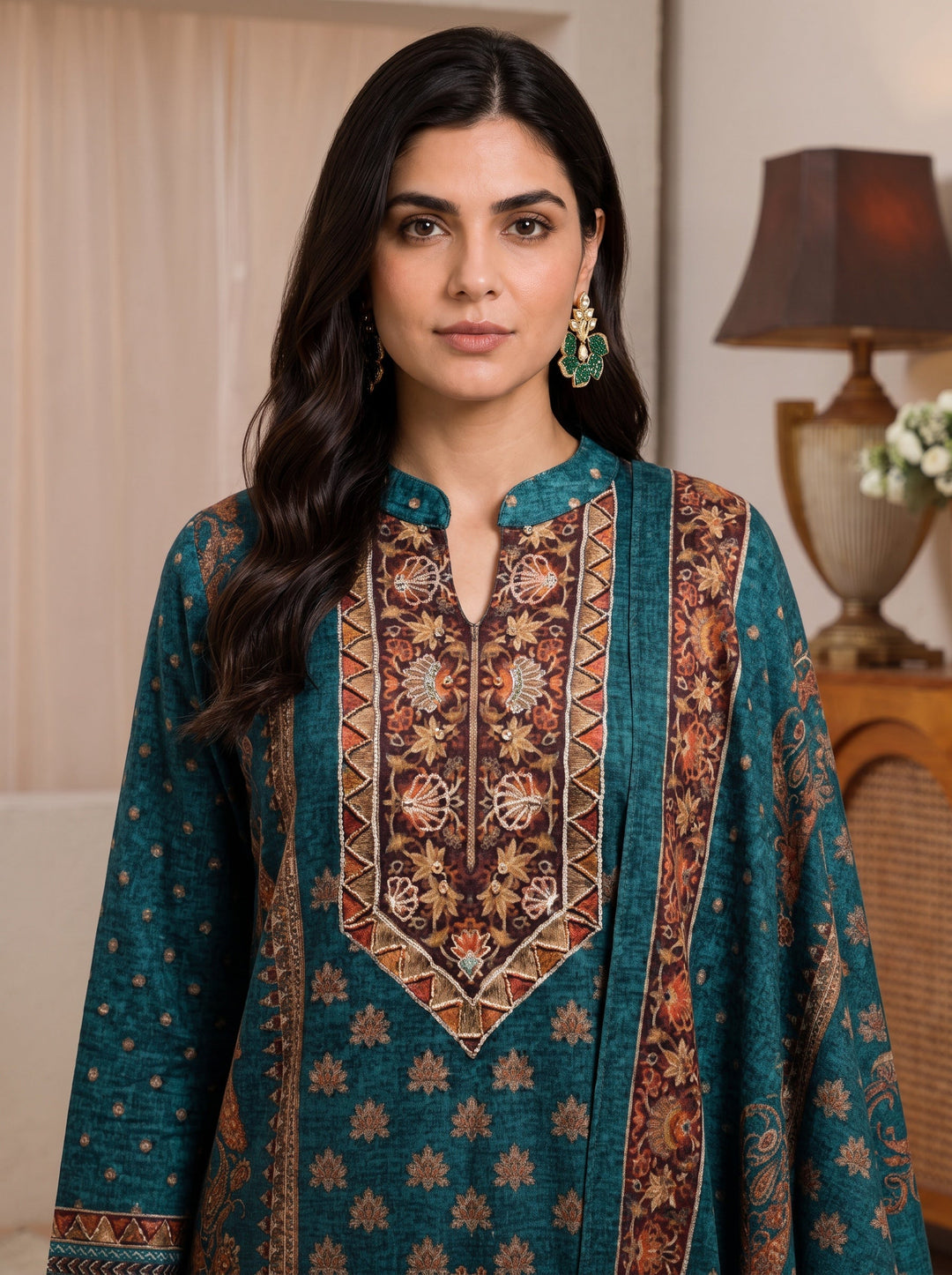  Libas Teal Blue Multi Printed Wool Straight Suit Set 
