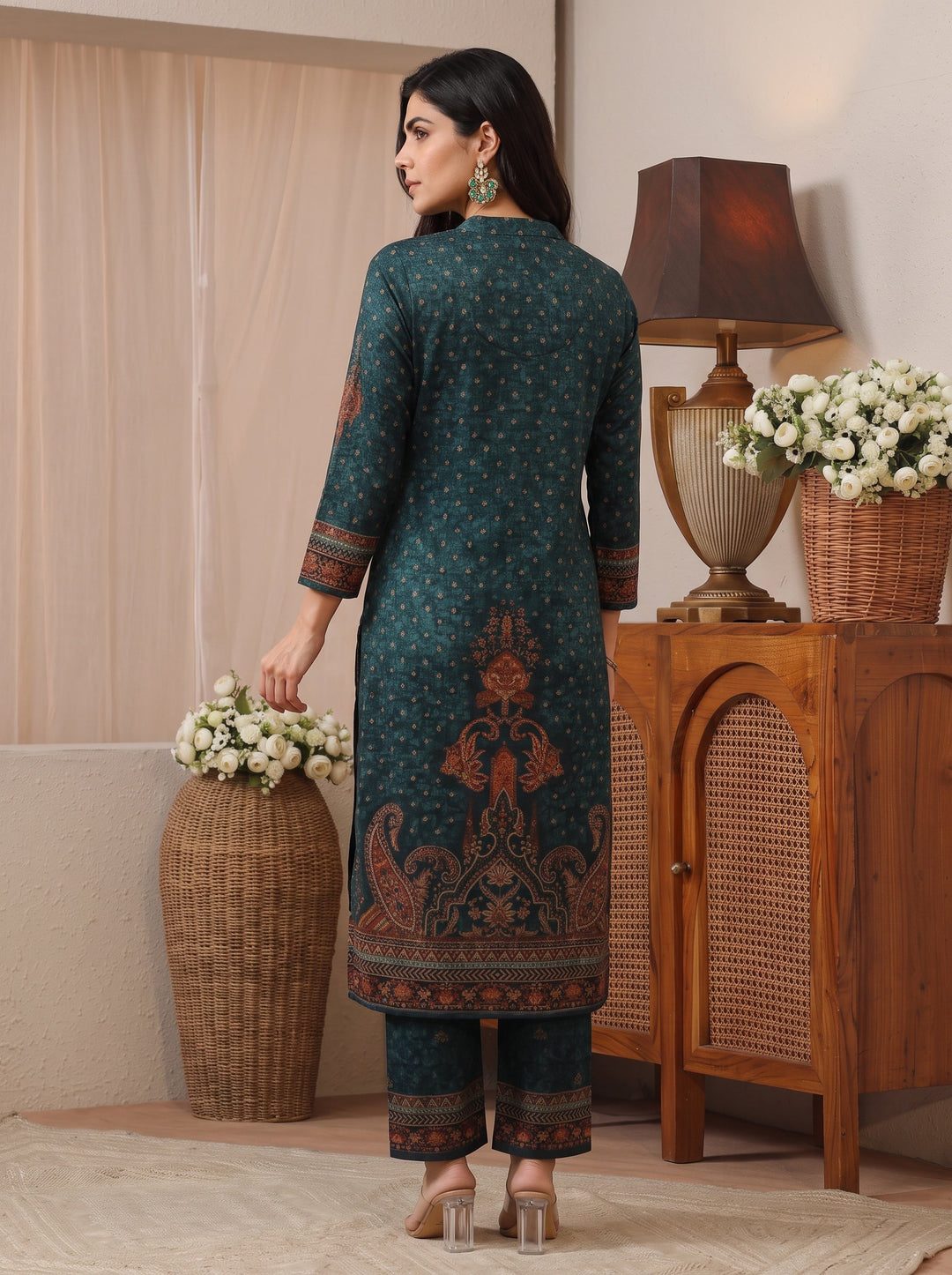  Libas Teal Blue Multi Printed Wool Straight Suit Set 