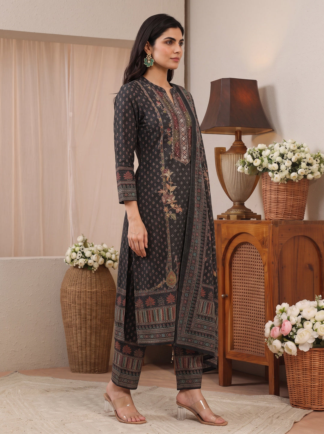  Libas Black Ethnic Motif Printed Wool Straight Suit Set 