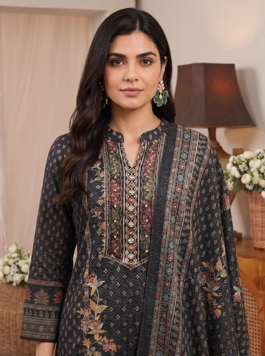  Libas Black Ethnic Motif Printed Wool Straight Suit Set 