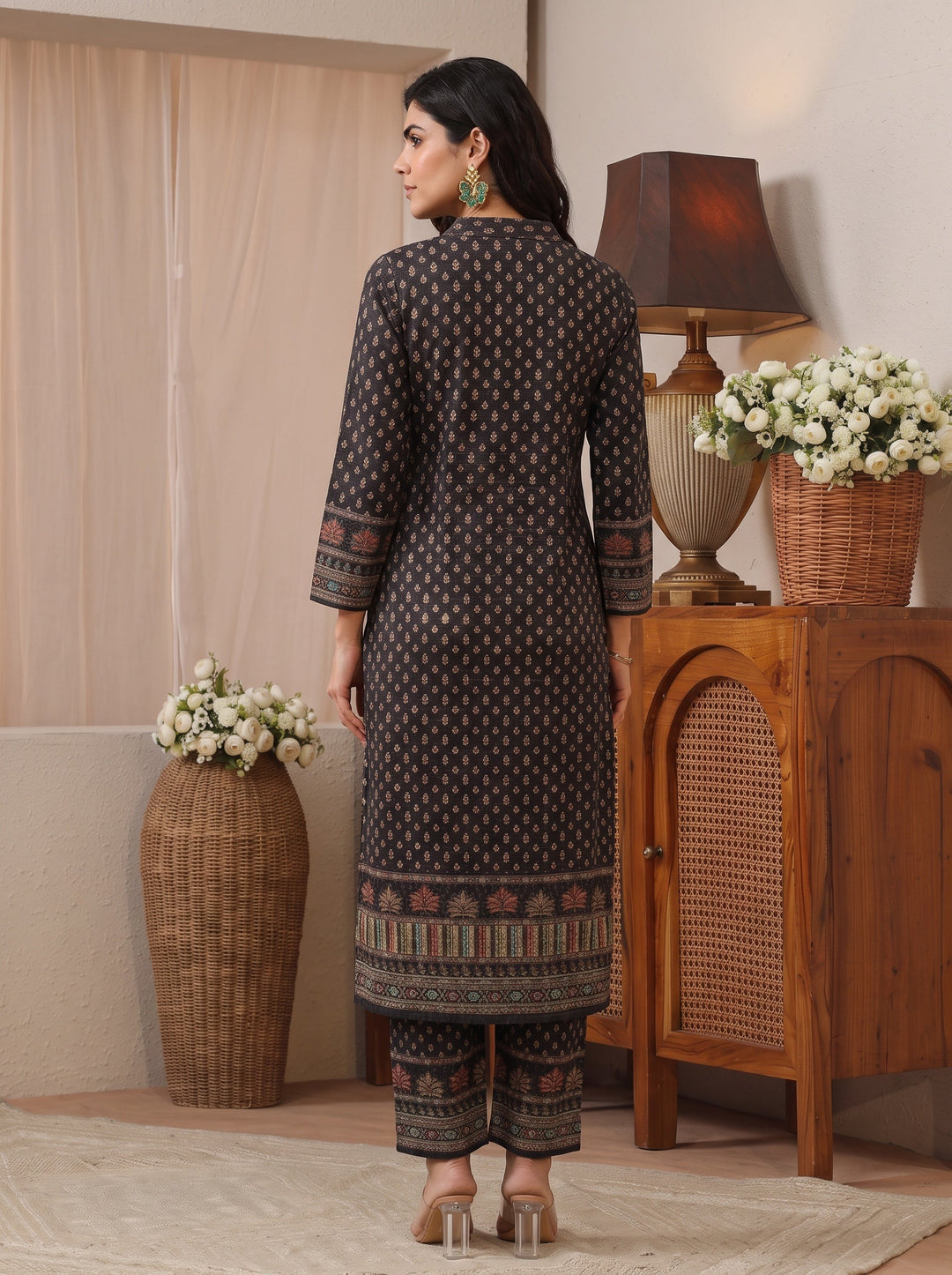  Libas Black Ethnic Motif Printed Wool Straight Suit Set 
