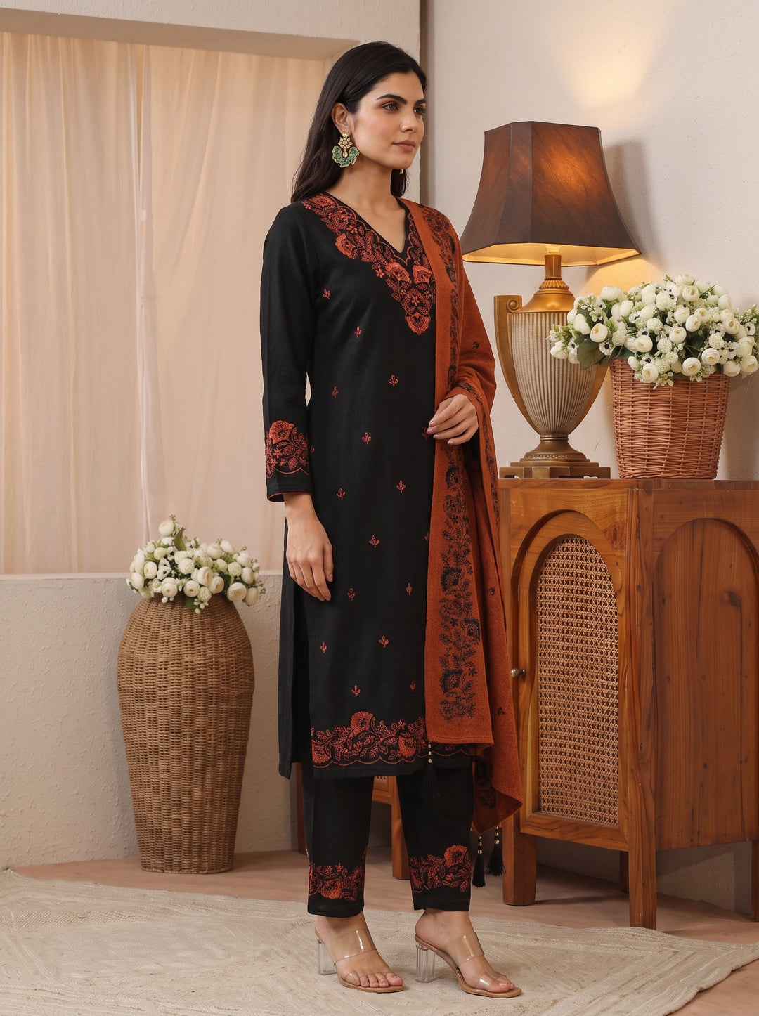  Libas Black Floral Embroidered Wool Straight Suit Set 