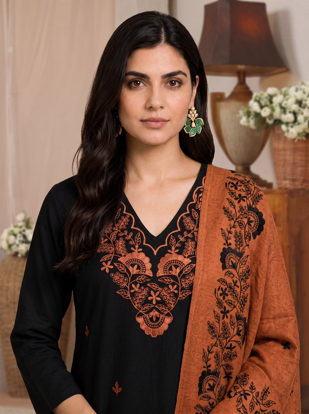  Libas Black Floral Embroidered Wool Straight Suit Set 