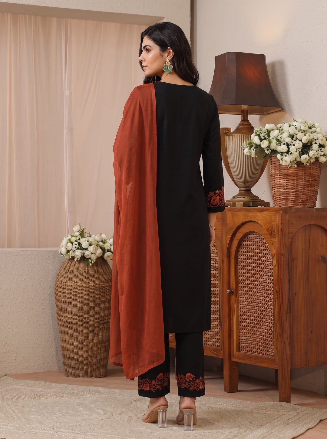  Libas Black Floral Embroidered Wool Straight Suit Set 