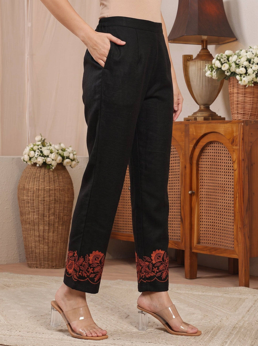 Libas Black Floral Embroidered Wool Straight Suit Set 