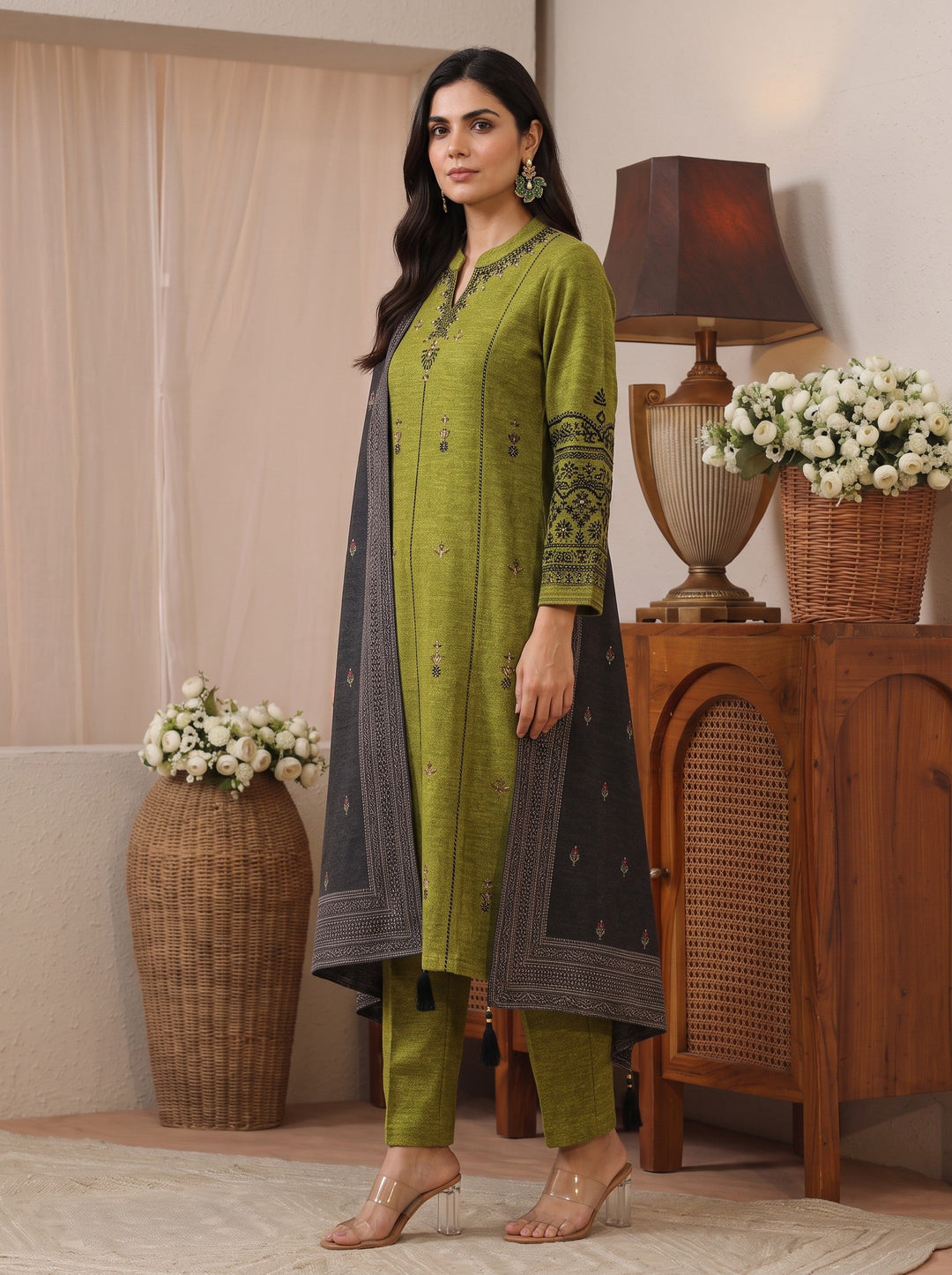  Libas Henna Green Floral Embroidered Wool Straight Suit Set 