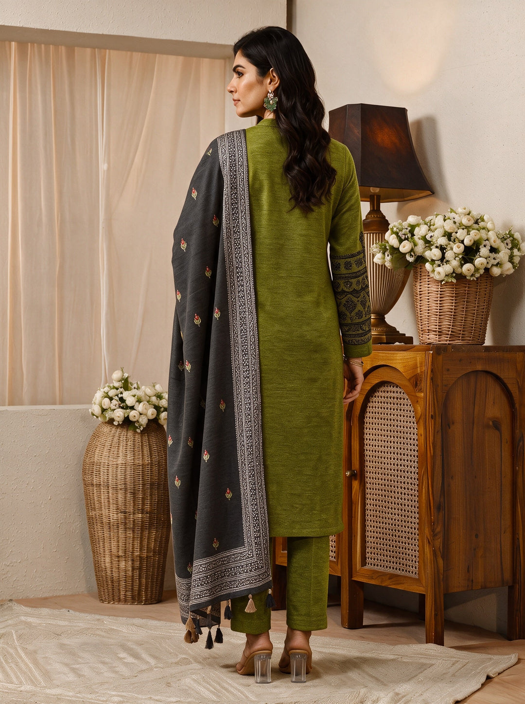  Libas Henna Green Floral Embroidered Wool Straight Suit Set 
