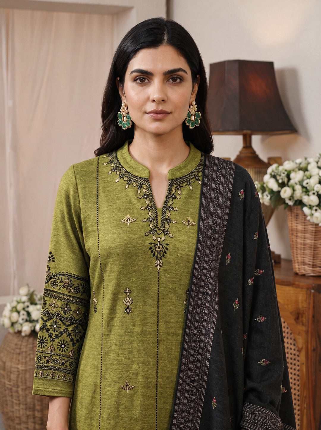  Libas Henna Green Floral Embroidered Wool Straight Suit Set 