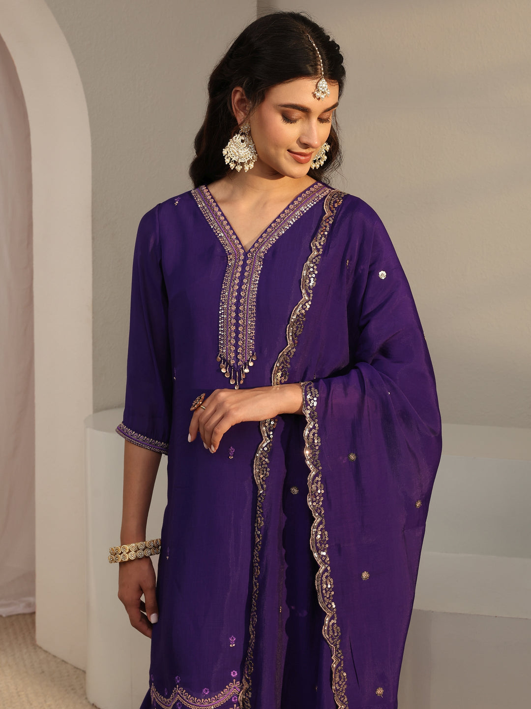  Purple Embroidered Chanderi Silk Straight Suit Set With Dupatta 